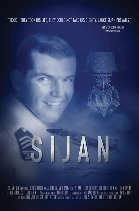 Movie poster for “SIJAN” with bold metallic lettering over a dark blue aviation themed background and detailed film credits below.